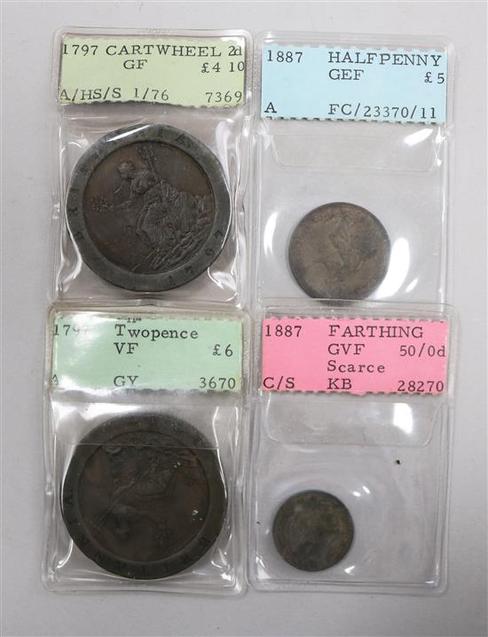 Two 1797 cartwheel Two pence coins, VF and GF, an 1887 halfpenny GEF and an 1887 farthing GVF